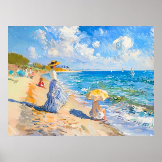 Vrouw met parasol op het strand Impressionisme Poster (Voorkant)