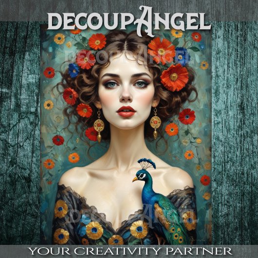 Vrouw met pauw en rode bloemen in Art Nouveau Tissuepapier