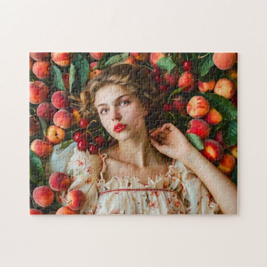 Vrouw met perziken en kersen legpuzzel (Horizontaal)