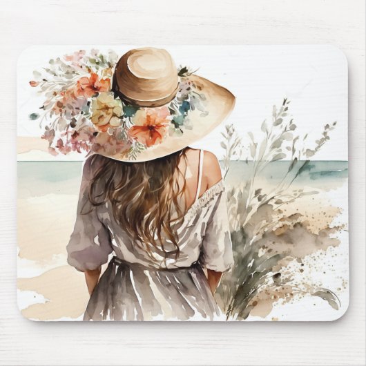 Vrouw met Pet van strand Muismat (Voorkant)
