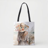 Vrouw met Pet van strand Tote Bag (Voorkant)