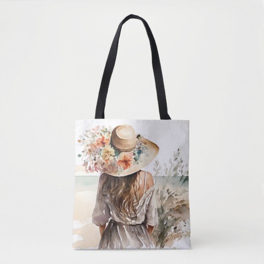 Vrouw met Pet van strand Tote Bag (Voorkant)