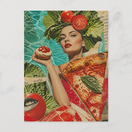 Vrouw met Pizza en Salade Collage Briefkaart (Voorkant)