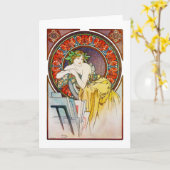 Vrouw met Poppy, Mucha Kaart (Gele Bloem)