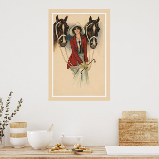 Vrouw met poster met twee paarden (Keuken)