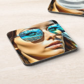 vrouw met reflectie van strandzonnebril bier onderzetter (Linkerzijde)