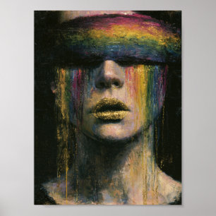 Vrouw met regenboog blinddoek poster