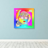 Vrouw met regenboogbril + een grijns canvas afdruk (Insitu (Houten vloer))