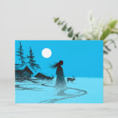 Vrouw met rendier in de sneeuw bij volle maan feestdagenkaart (Staand voorkant)