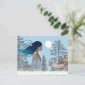Vrouw met rendier in de sneeuw door blokhut briefkaart (Staand voorkant)