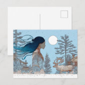 Vrouw met rendier in de sneeuw door blokhut briefkaart (Voorkant / Achterkant)