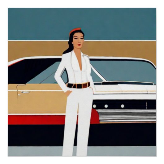 Vrouw met Retro Auto Perfect Poster (Voorkant)