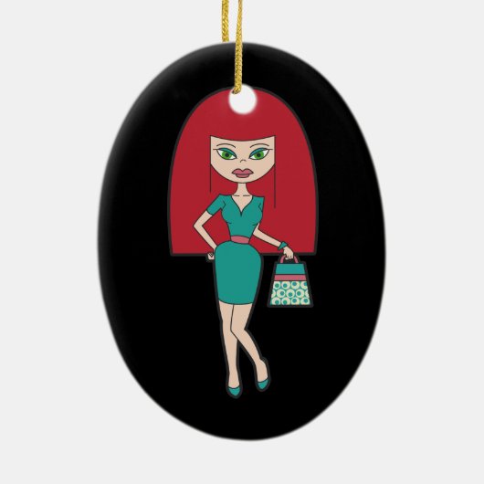  vrouw met retro handtas keramisch ornament (Achterkant)