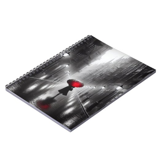Vrouw met rode paraplu in de regen notitieboek (Linkerzijde)