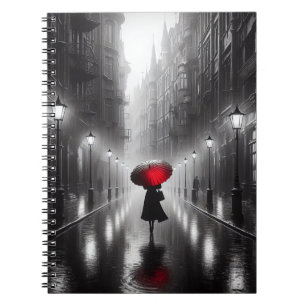 Vrouw met rode paraplu in de regen notitieboek