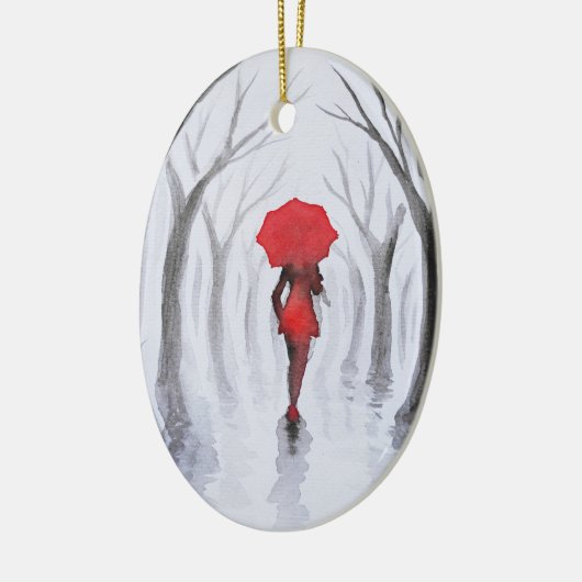 Vrouw met rode paraplu keramisch ornament (Links)