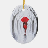 Vrouw met rode paraplu keramisch ornament (Voorkant)