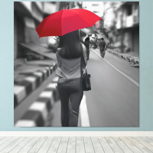 Vrouw met rode paraplu zwart-witte stijl canvas afdruk (Insitu (Houten vloer))