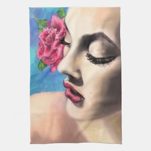  Vrouw Met Rode Rose Keuken Handdoek (Verticaal)