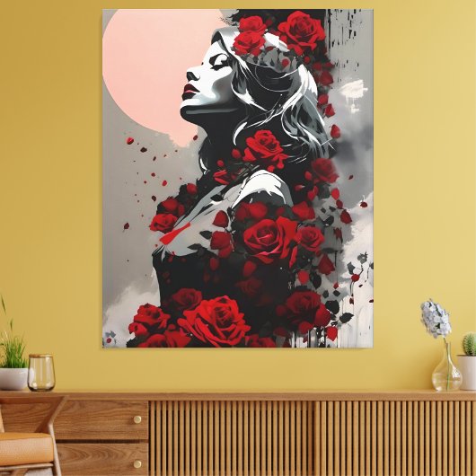 Vrouw met Rode Rozen Canvas Afdruk (Insitu (Woonkamer))