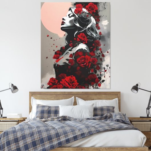 Vrouw met Rode Rozen Canvas Afdruk (Insitu (Slaapkamer))
