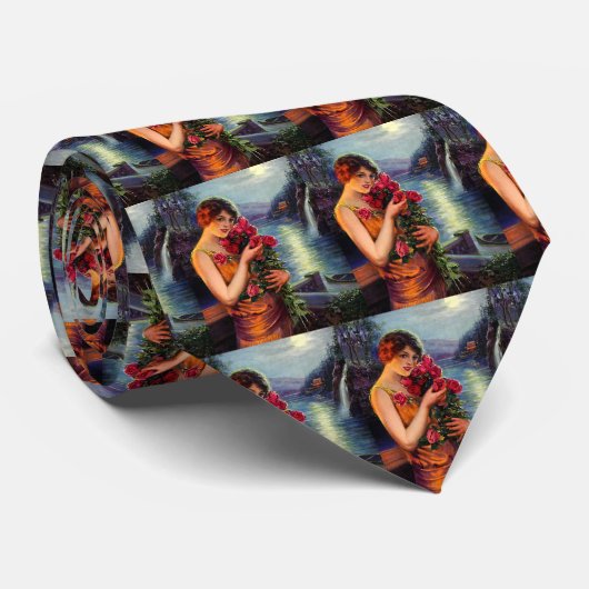  vrouw met rode rozen in het moonlicht stropdas (Opgerold)