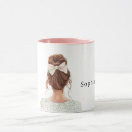 Vrouw met rood haar en roze strik mok