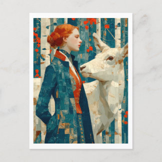 Vrouw met rood haar, herfstberkenbos, rendieren feestdagenkaart
