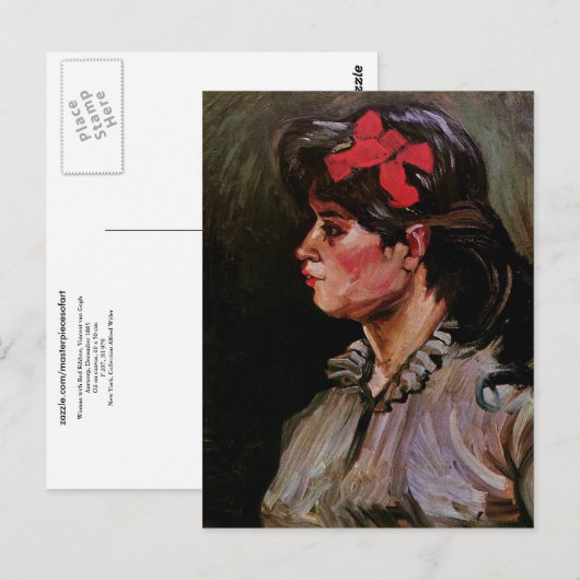 Vrouw met rood lintje (F207) Van Gogh Fine Art Briefkaart (Voorkant / Achterkant)