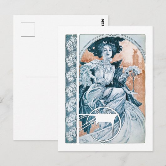 Vrouw met Roos, Mucha Briefkaart (Voorkant / Achterkant)