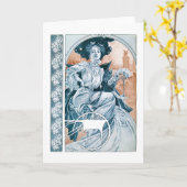 Vrouw met Roos, Mucha Kaart (Gele Bloem)