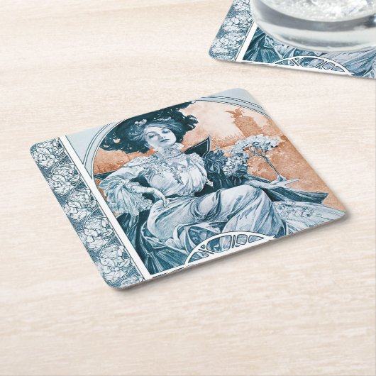 Vrouw met Roos, Mucha Kartonnen Onderzetters (Schuin)