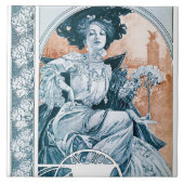 Vrouw met Roos, Mucha Tegeltje (Voorkant)