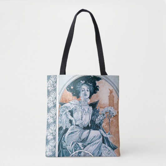 Vrouw met Roos, Mucha Tote Bag (Voorkant)