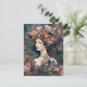 Vrouw met Roze Bloemen Gemengde Media Collage Briefkaart (Staand voorkant)