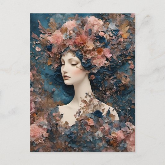 Vrouw met Roze Bloemen Gemengde Media Collage Briefkaart (Voorkant)