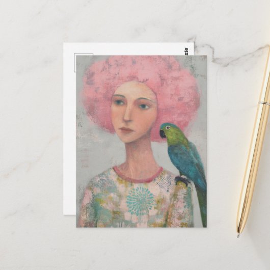 Vrouw met roze haar en een vogel briefkaart (Voorkant / Achterkant in situ)