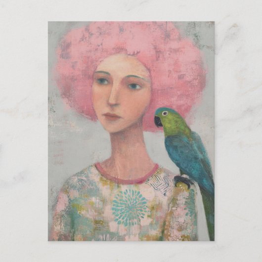 Vrouw met roze haar en een vogel briefkaart (Voorkant)
