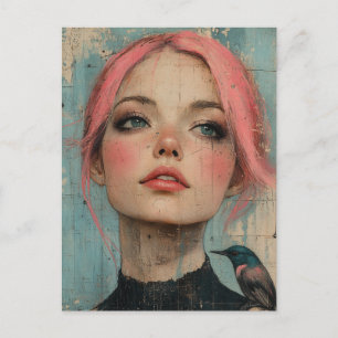 Vrouw met roze haar en een vogel op haar schouder briefkaart