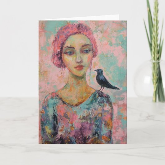 Vrouw met roze haar en een vogel op haar schouder kaart (Voorkant)