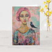Vrouw met roze haar en een vogel op haar schouder kaart (Gele Bloem)