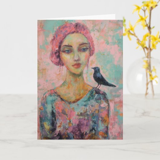 Vrouw met roze haar en een vogel op haar schouder kaart (Gele Bloem)