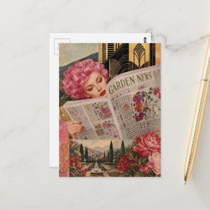 Vrouw Met Roze Haar Leest Tuin KrantMixed Media  Briefkaart