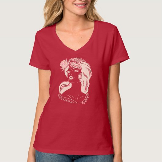 Vrouw met Roze Rose T-shirt (Voorkant)