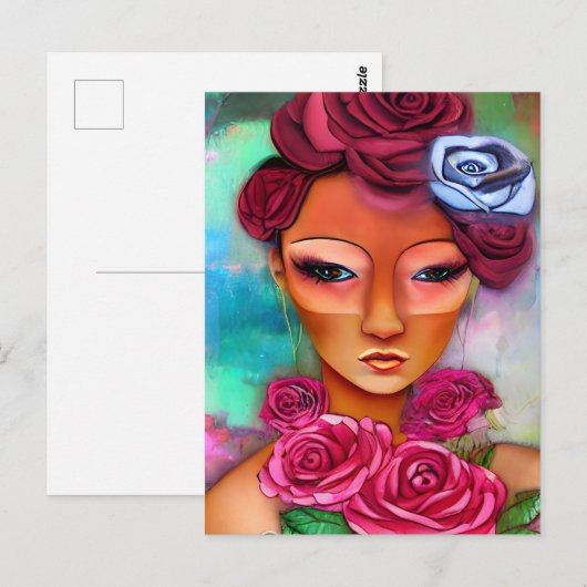 Vrouw met Rozen gemengde media collage Briefkaart (Voorkant / Achterkant)