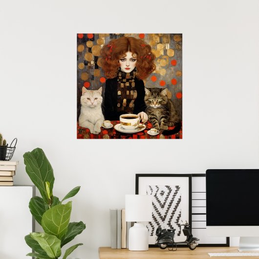   vrouw met Schattigee Katten Koffiekunst Poster (Thuiskantoor)