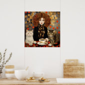   vrouw met Schattigee Katten Koffiekunst Poster (Keuken)