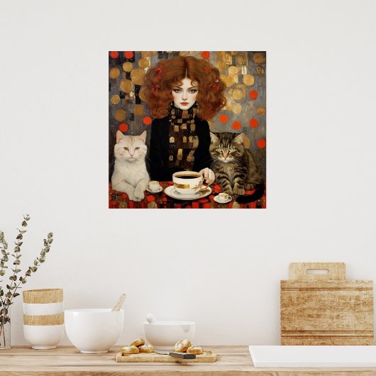   vrouw met Schattigee Katten Koffiekunst Poster (Keuken)