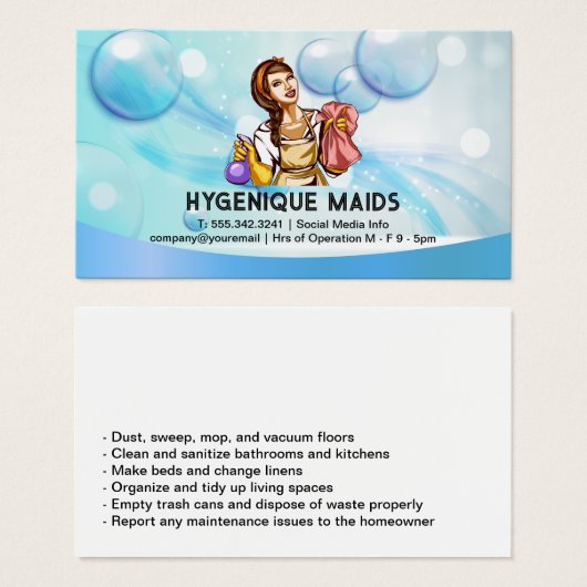 Vrouw met schoonmaakbenodigdheden | Zeepbellen Visitekaartje (Voorkant /achterkant)