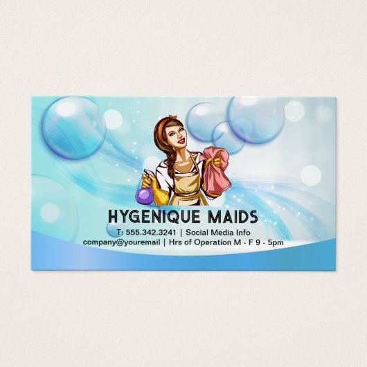 Vrouw met schoonmaakbenodigdheden | Zeepbellen Visitekaartje (Voorkant)